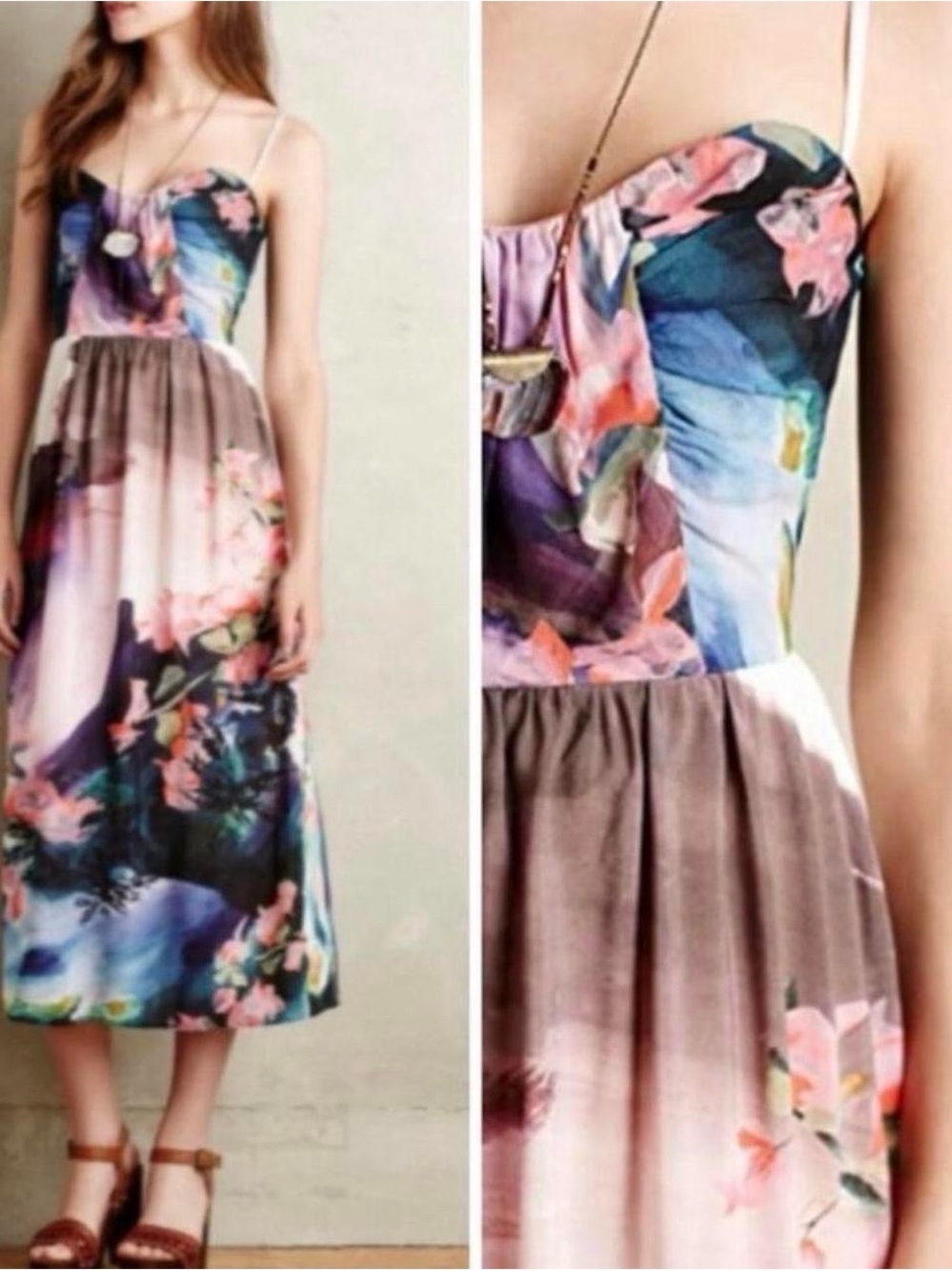 Corey Lynn Calter Floral Sweetheart Midi Dress in Blue, Pink, Brown